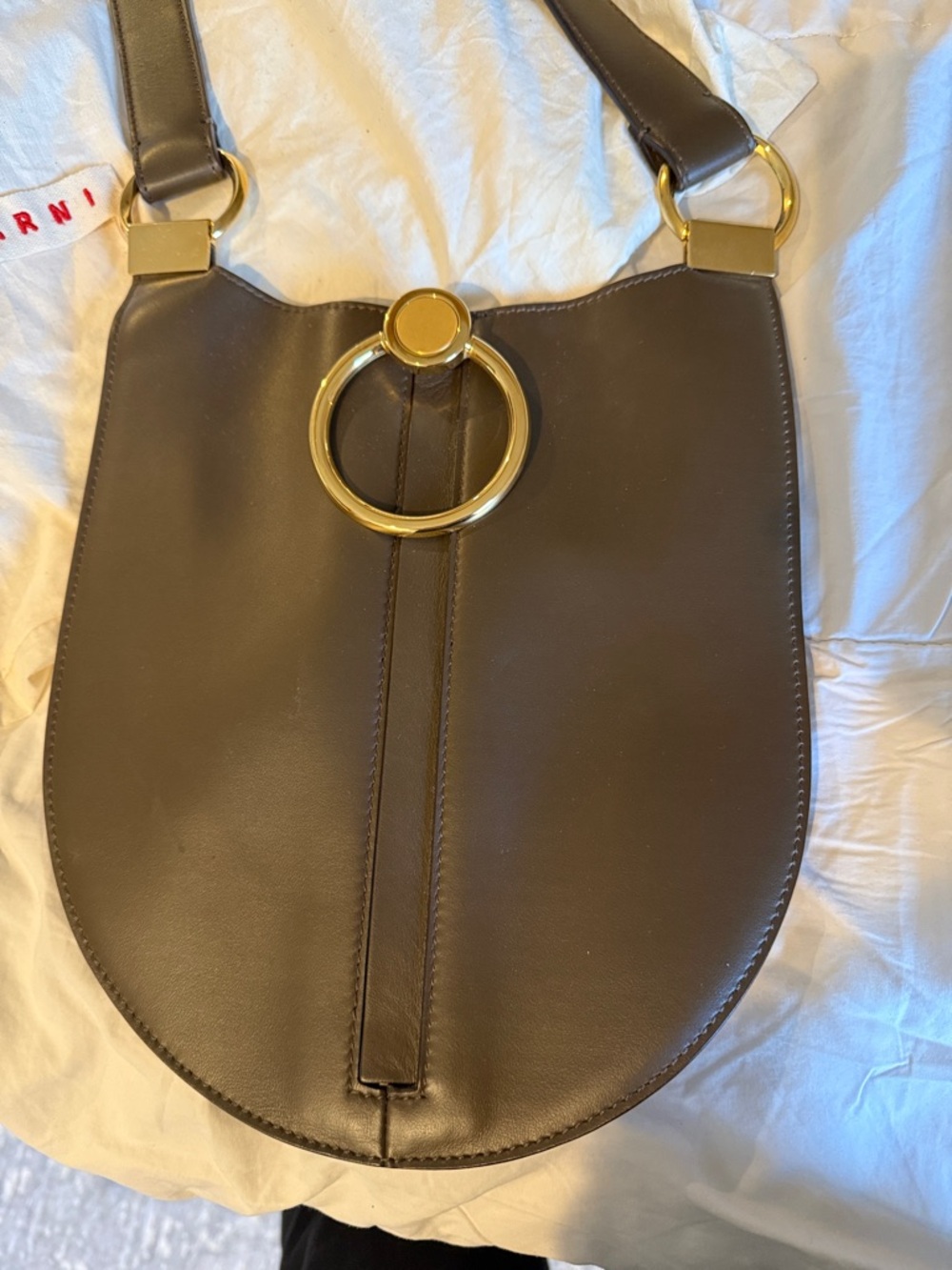 Marni Chocolate Brown Leather Shoulder Bag with Gold Ring - Picture 2 of 7